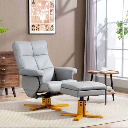 Recliner Chair and Footstool PU Leather Wooden Base, Light Grey