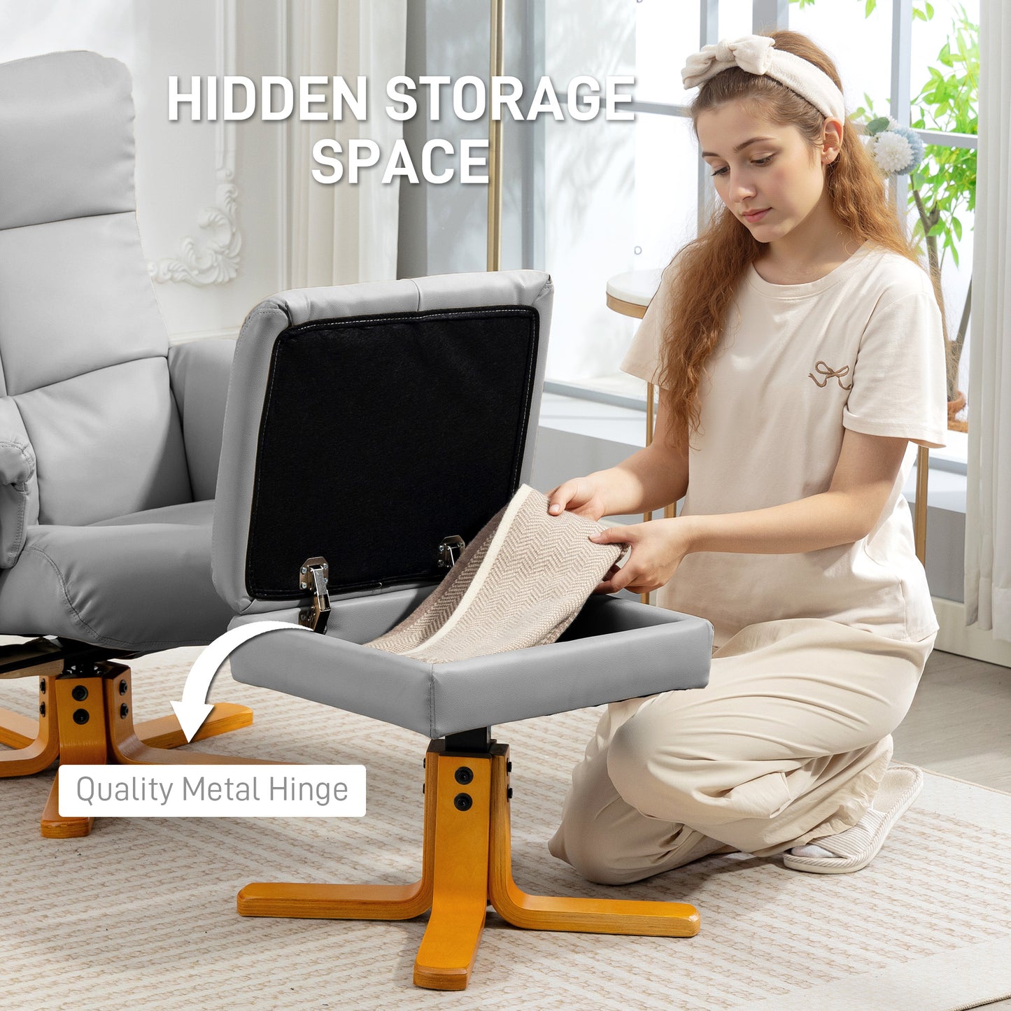 Recliner Chair and Footstool PU Leather Wooden Base, Light Grey