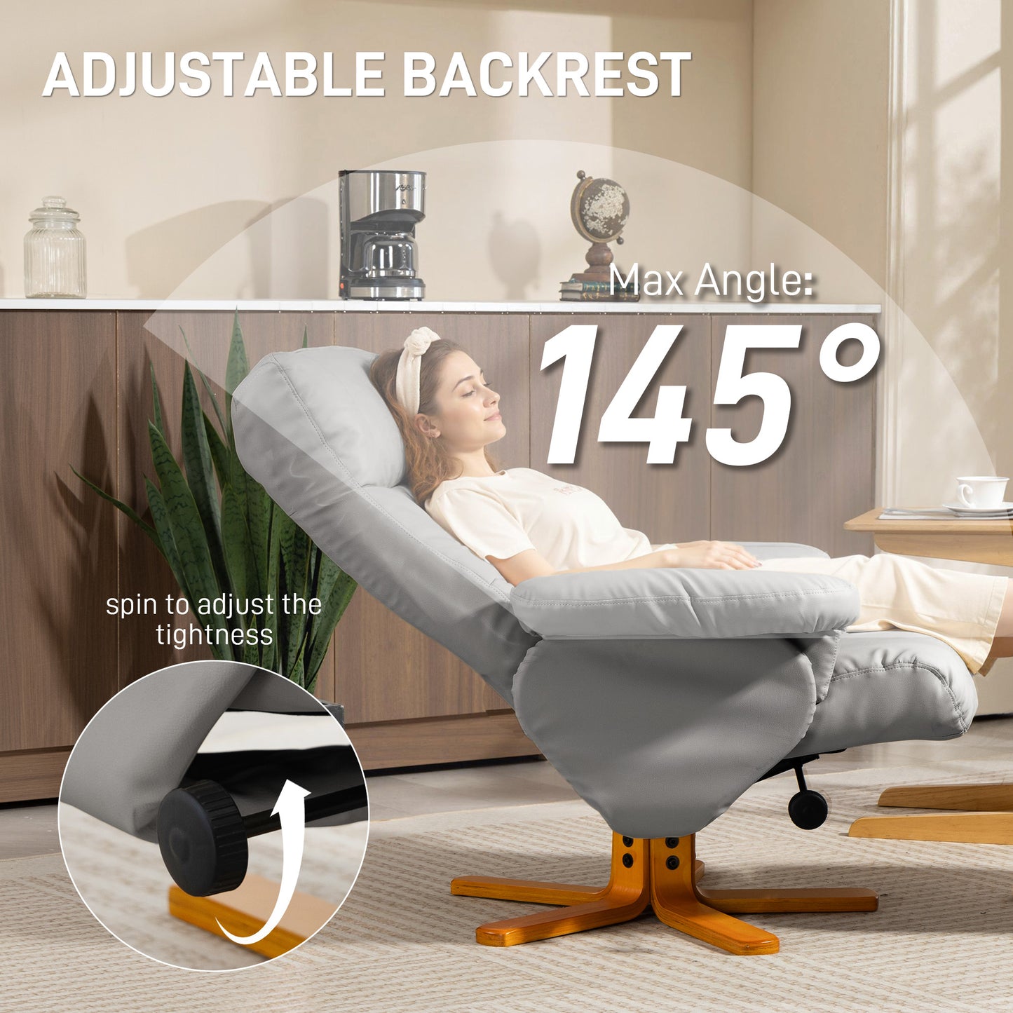 Recliner Chair and Footstool PU Leather Wooden Base, Light Grey