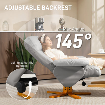 Recliner Chair and Footstool PU Leather Wooden Base, Light Grey
