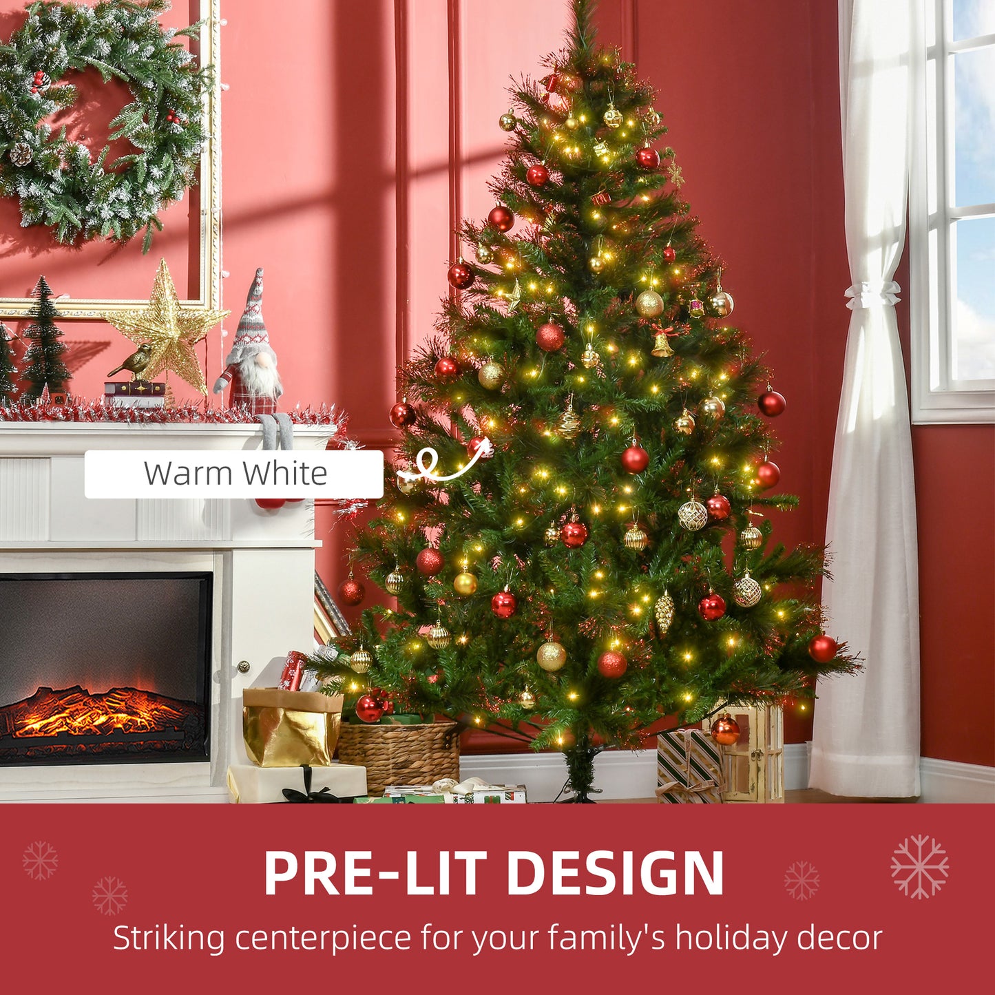 6ft Pre-Lit Christmas Tree Artificial Spruce Xmas Tree Warm White LED Holiday Décor with Metal Stand