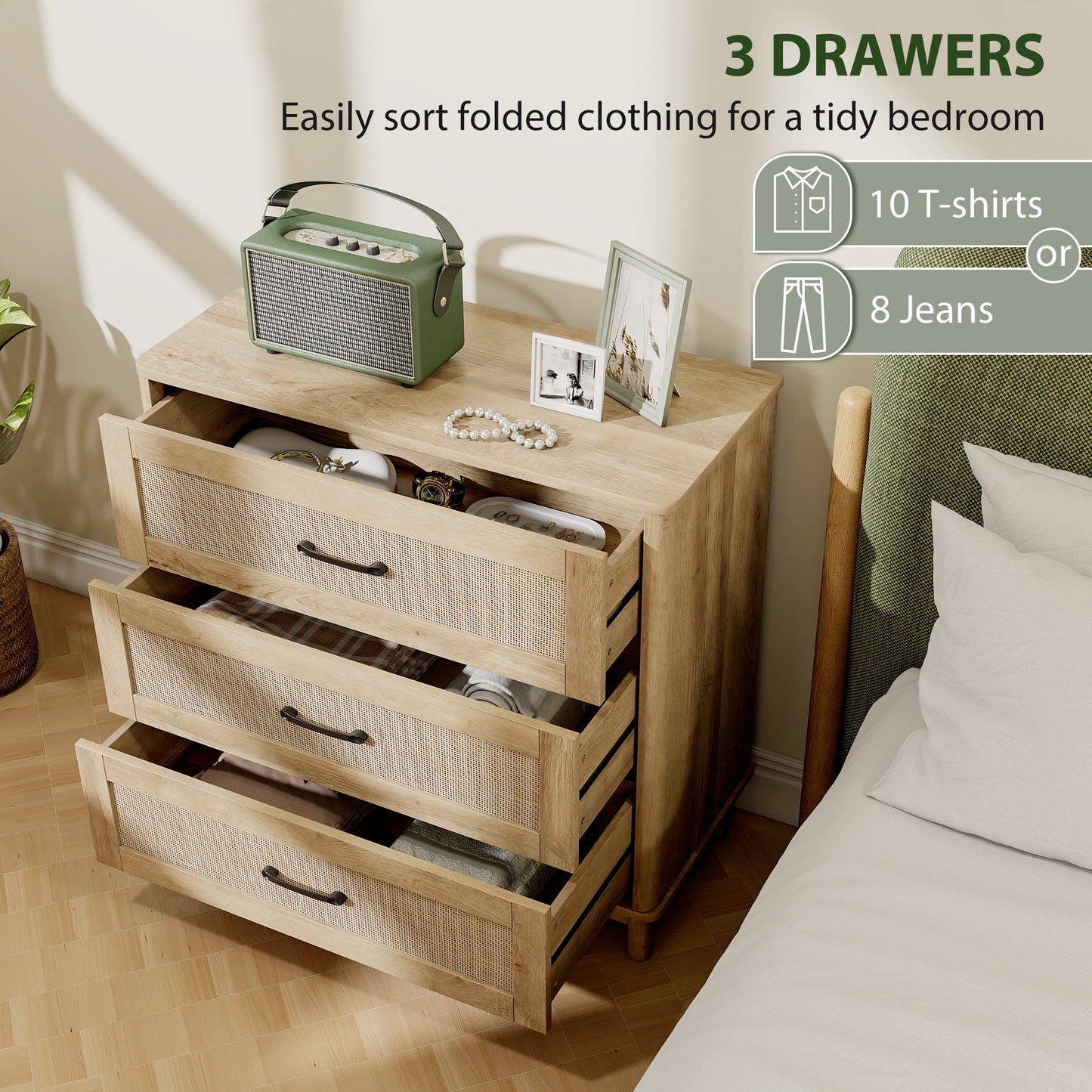 3 Drawer Chest of Drawers, Wide Storage Unit for Living Room, Oak