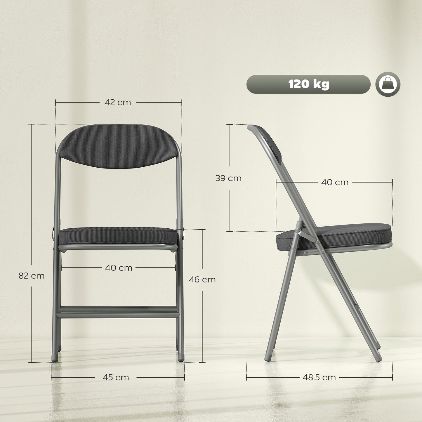 Folding Chairs Set of 4 with Cushioned Seat, Steel Frame, Dark Grey