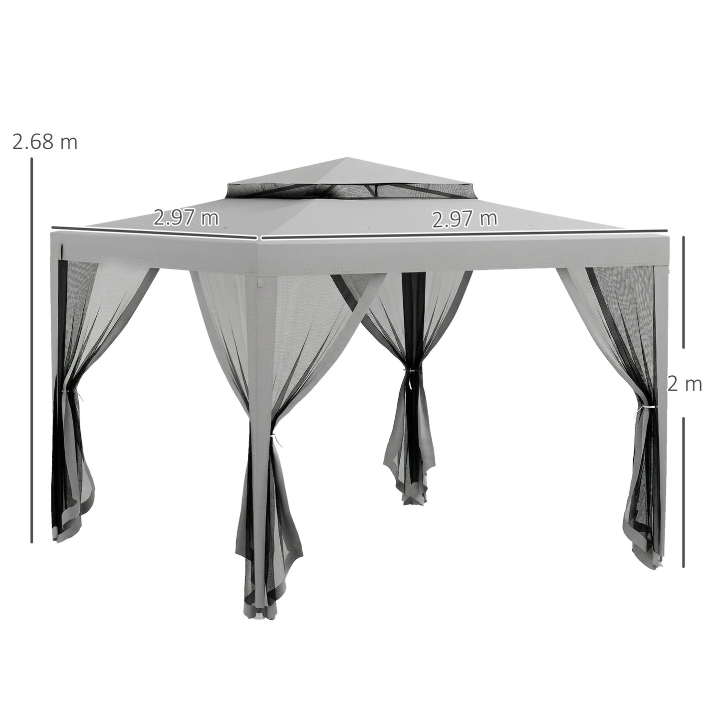 3 x 3 m Gazebo, Netting Party Tent w/ Double Tier Roof, Light Grey