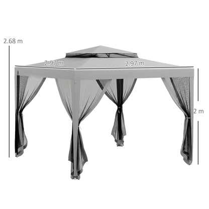 3 x 3 m Gazebo, Netting Party Tent w/ Double Tier Roof, Light Grey