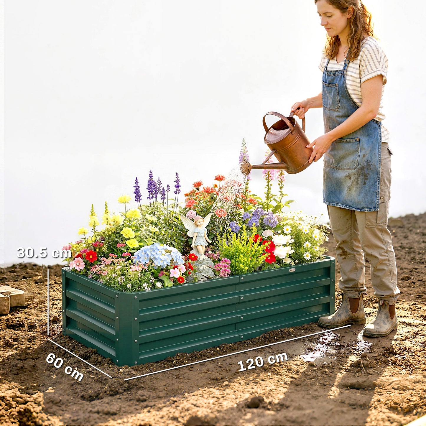 216L Raised Garden Bed, Set of 2 Galvanised Planter Box Outdoor with Open Bottom, Metal Raised Garden Bed Kit for Vegetables, Flowers and Herbs, 120 x 60 x 30.5cm, Green