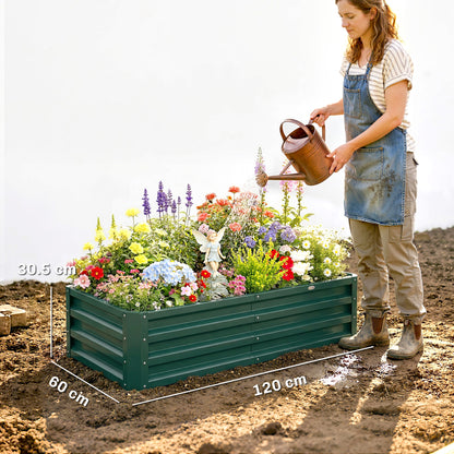 216L Raised Garden Bed, Set of 2 Galvanised Planter Box Outdoor with Open Bottom, Metal Raised Garden Bed Kit for Vegetables, Flowers and Herbs, 120 x 60 x 30.5cm, Green