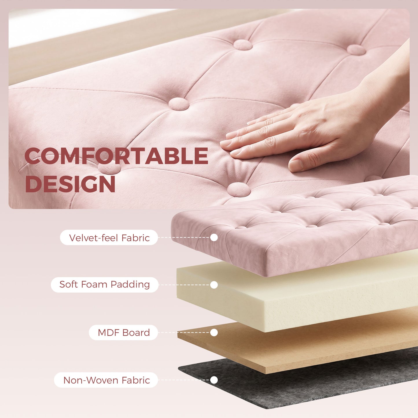 Velvet Upholstered Foldable Ottoman Footrest with Wood Legs, Pink