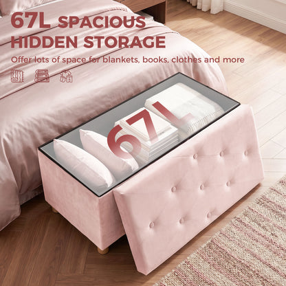 Velvet Upholstered Foldable Ottoman Footrest with Wood Legs, Pink