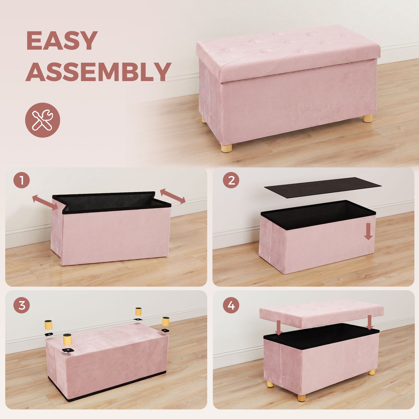Velvet Upholstered Foldable Ottoman Footrest with Wood Legs, Pink