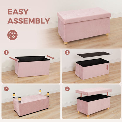 Velvet Upholstered Foldable Ottoman Footrest with Wood Legs, Pink
