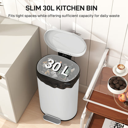 Slim Rectangular Pedal Bin with Soft-Close Lid, 30L Kitchen Bin Cream