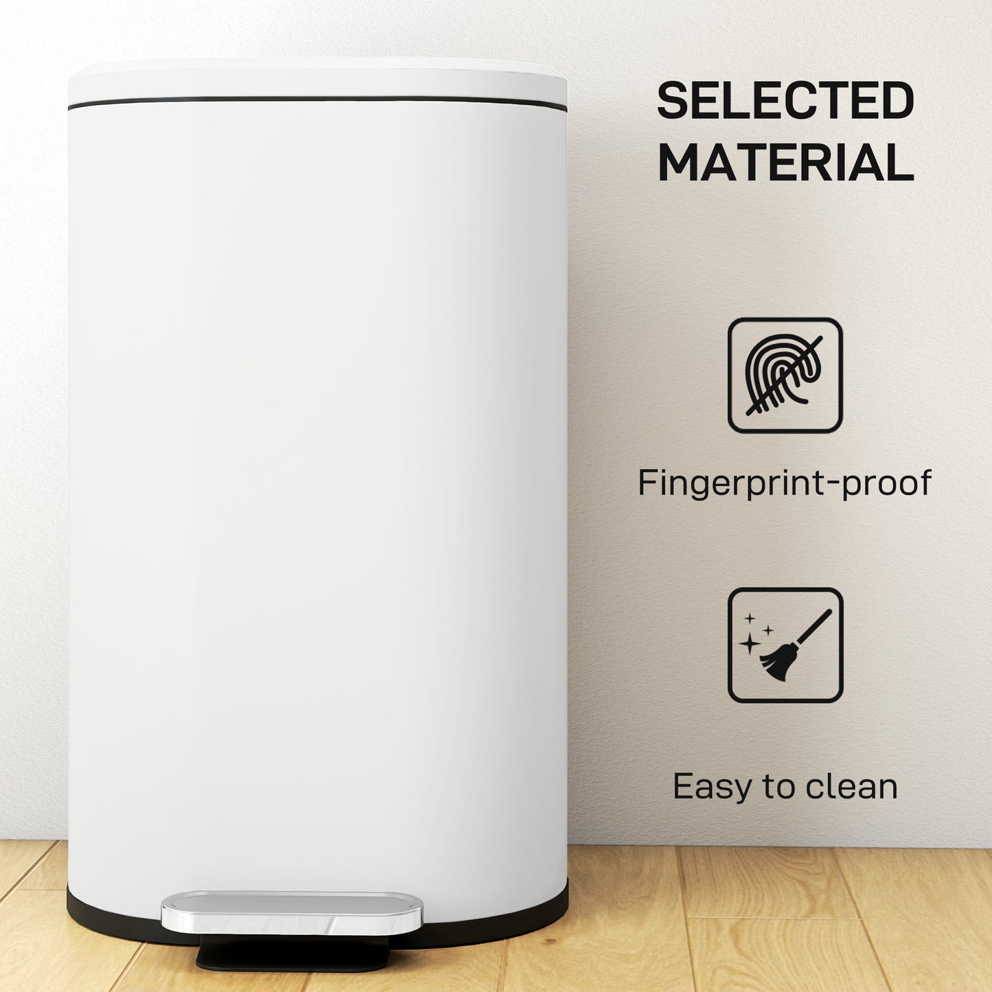 Slim Rectangular Pedal Bin with Soft-Close Lid, 30L Kitchen Bin Cream