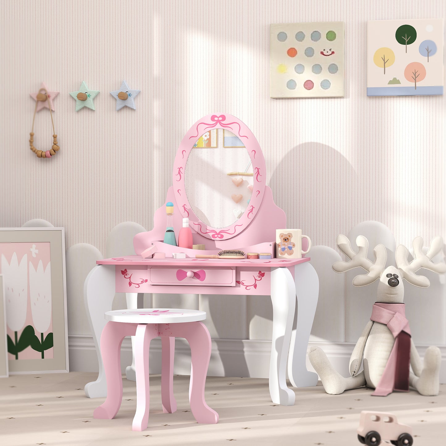 Kids Dressing Table Set, Two-Piece Children Vanity Table with Stool