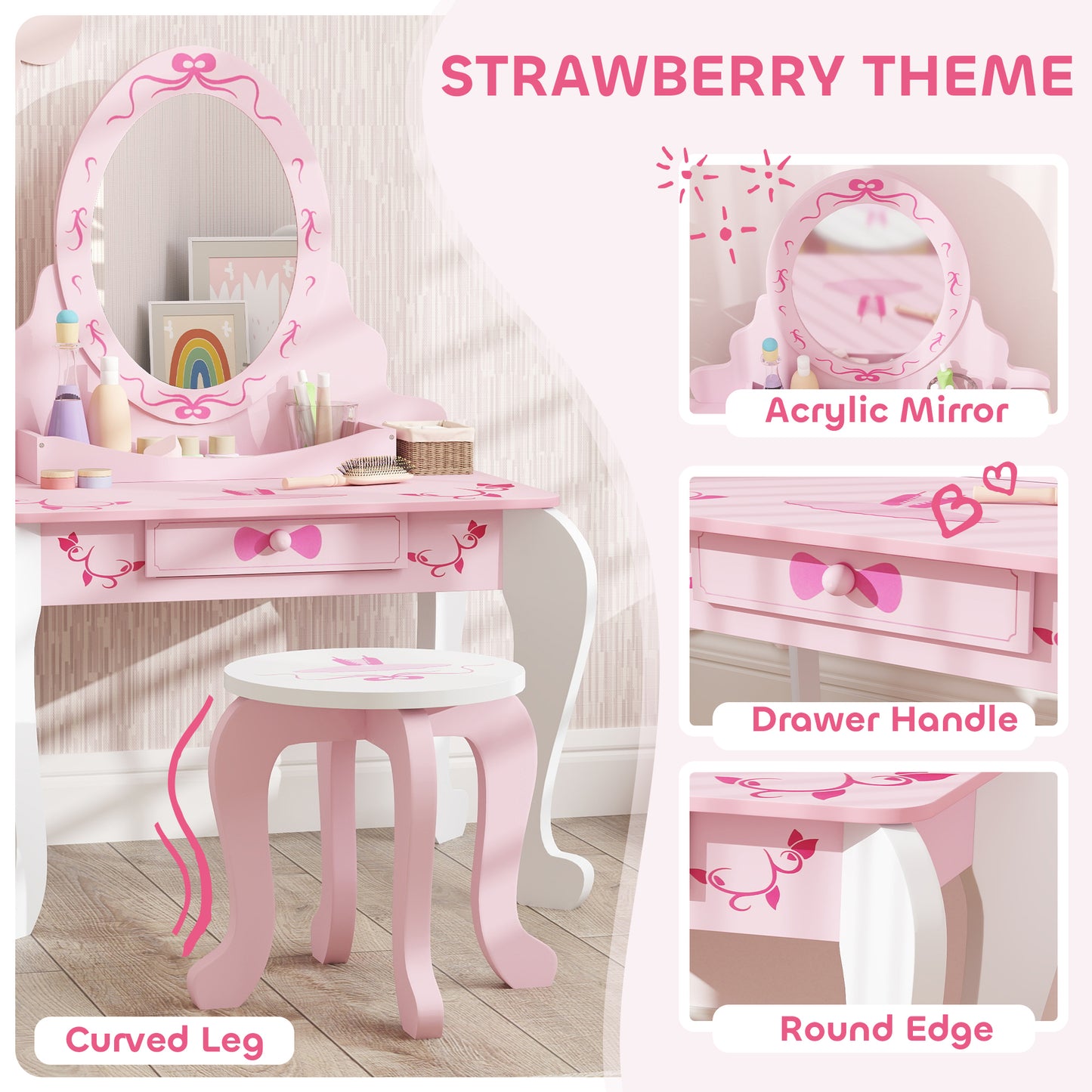 Kids Dressing Table Set, Two-Piece Children Vanity Table with Stool