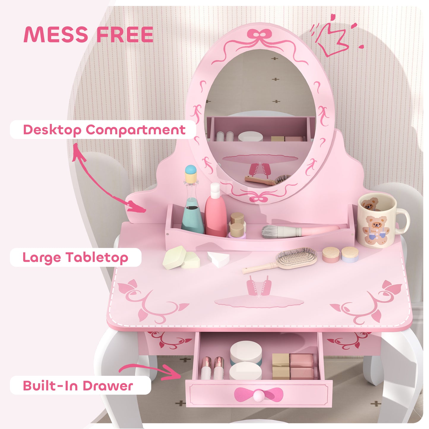 Kids Dressing Table Set, Two-Piece Children Vanity Table with Stool