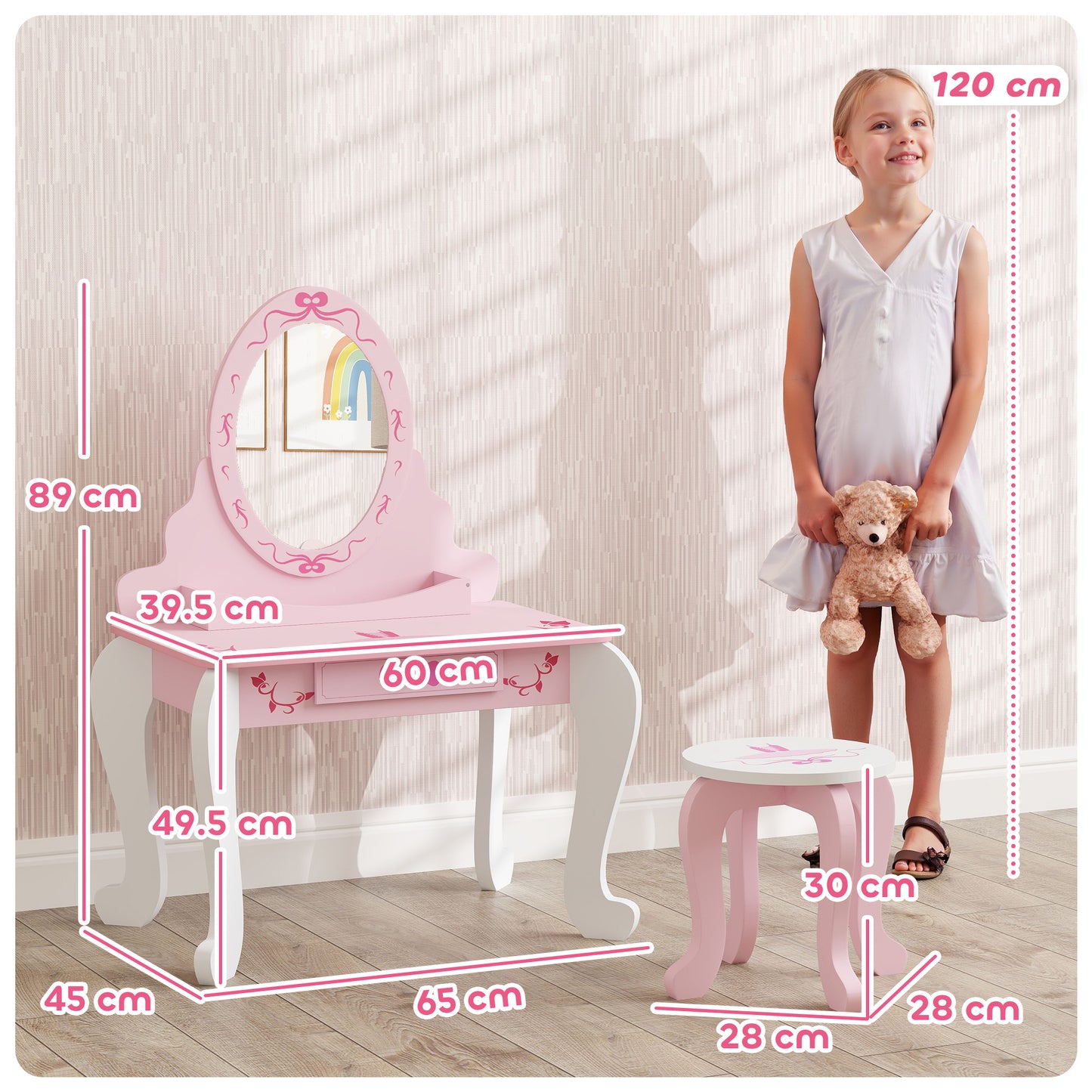 Kids Dressing Table Set, Two-Piece Children Vanity Table with Stool