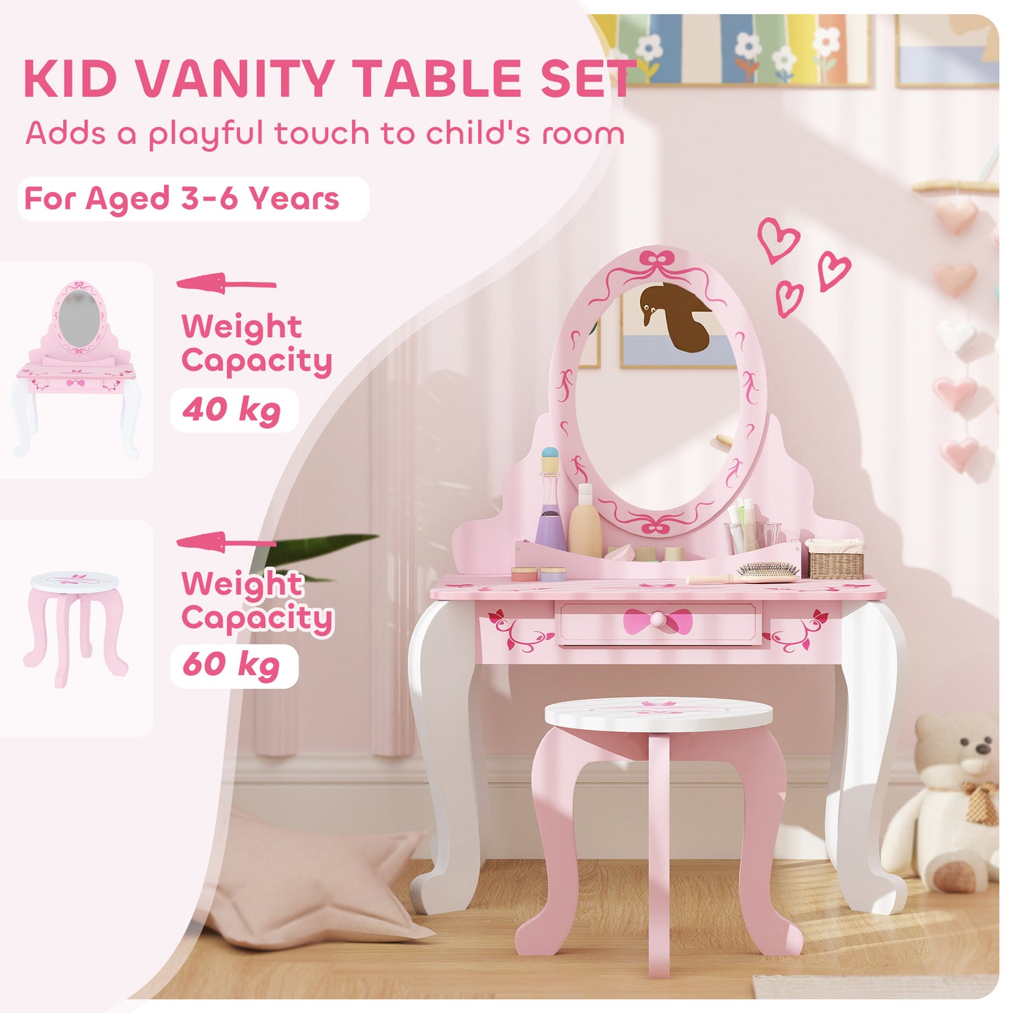 Kids Dressing Table Set, Two-Piece Children Vanity Table with Stool