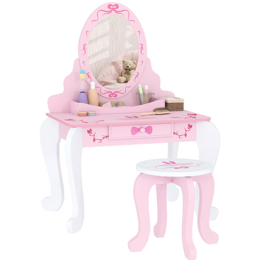 Kids Dressing Table Set, Two-Piece Children Vanity Table with Stool