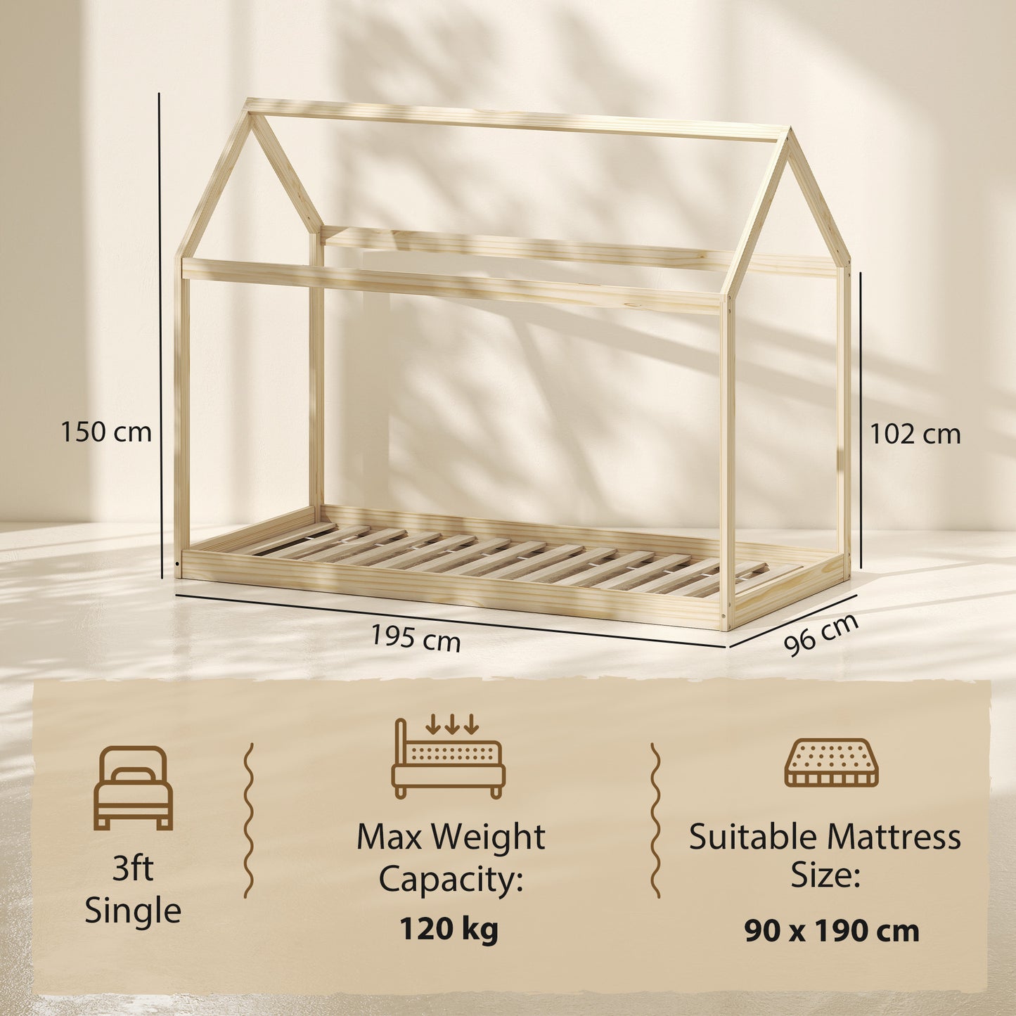 Wooden Single Bed Frame with Tree House Style, Natural Wood Finish