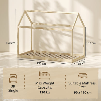 Wooden Single Bed Frame with Tree House Style, Natural Wood Finish