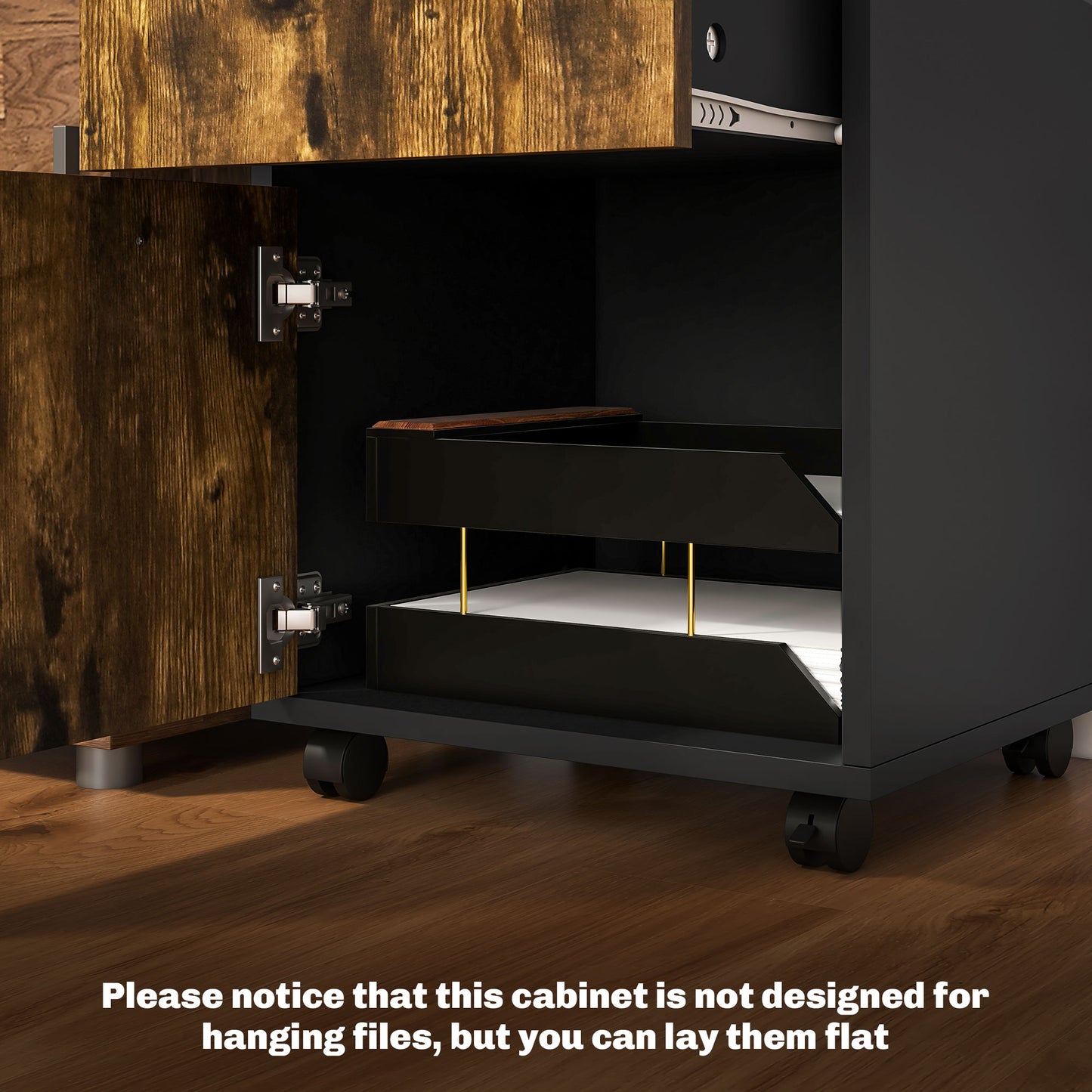 60cm Filing Cabinet with Drawers and Open Shelf, Rustic Brown