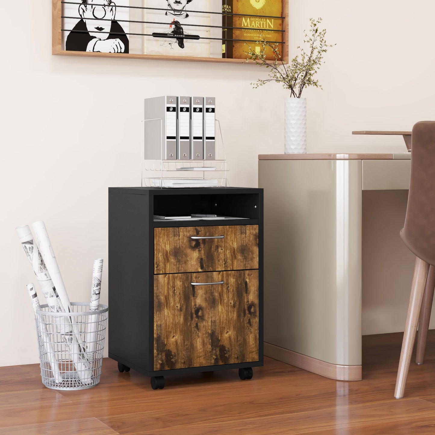 60cm Filing Cabinet with Drawers and Open Shelf, Rustic Brown