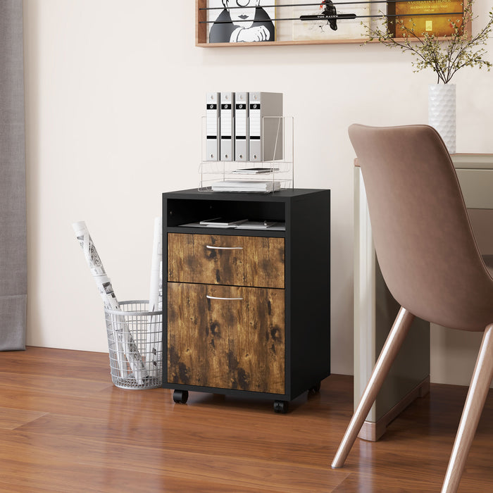 60cm Storage Cabinet with Drawers and Open Shelf, Rustic Brown