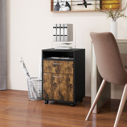 60cm Filing Cabinet with Drawers and Open Shelf, Rustic Brown