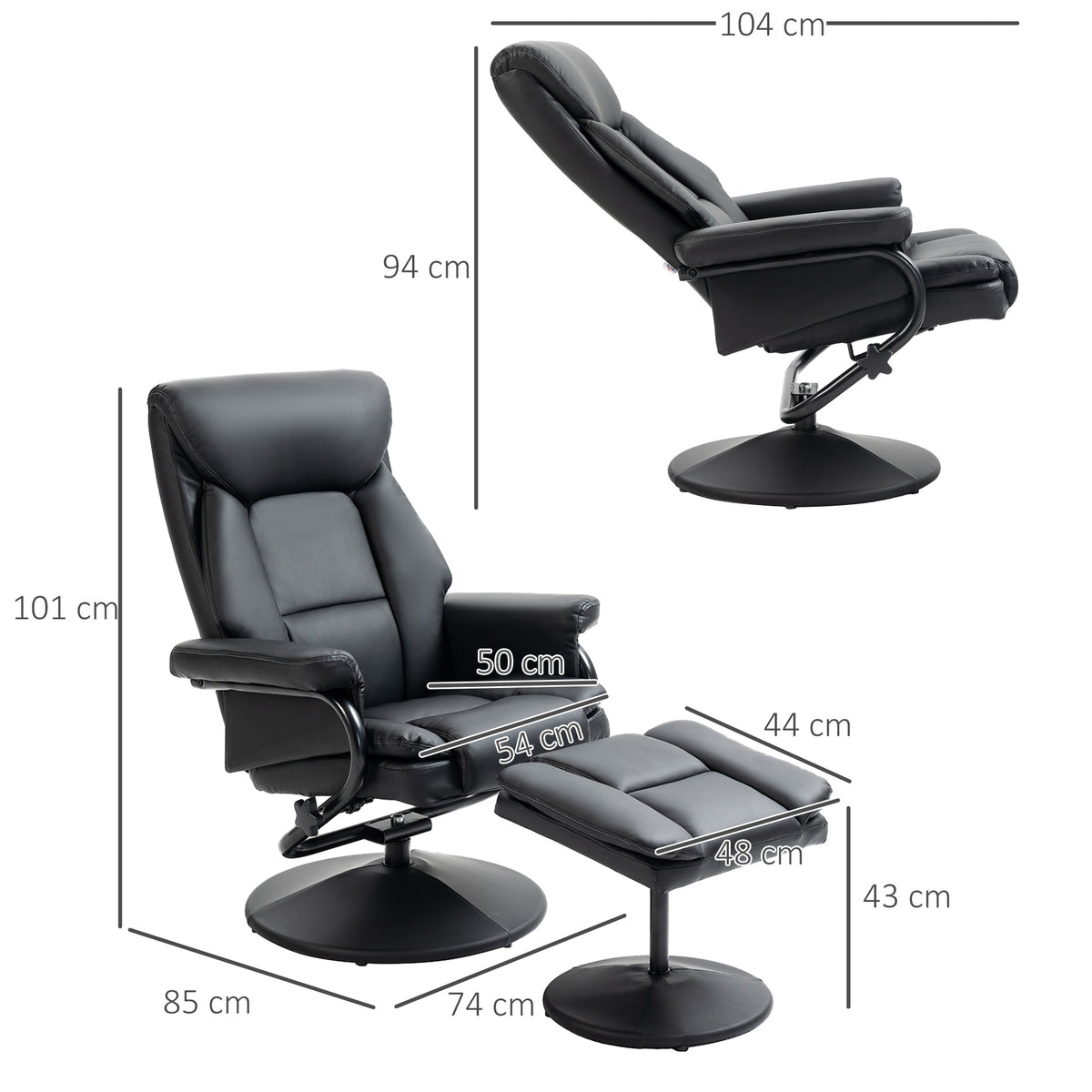 PU Leather Swivel Recliner Armchair with Ottoman, Black
