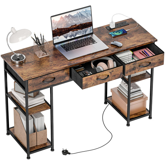 Computer Writing Desk with Power Outlets, Drawers, Shelves, Brown