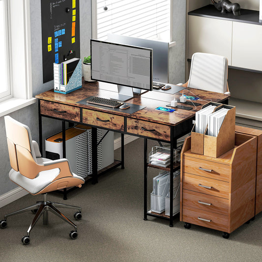 Computer Desk with Charging Station, 3 Drawers and 4 Shelves - Rustic Brown