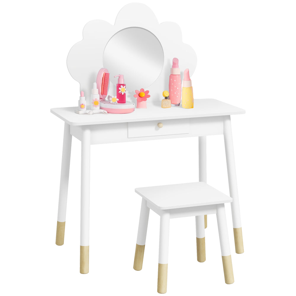 Kids Dressing Table with Mirror and Stool, Drawer, Cloud Design