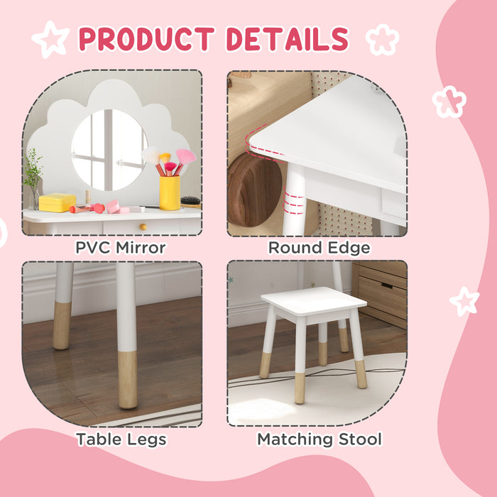 Kids Dressing Table with Mirror and Stool, Drawer, Cloud Design