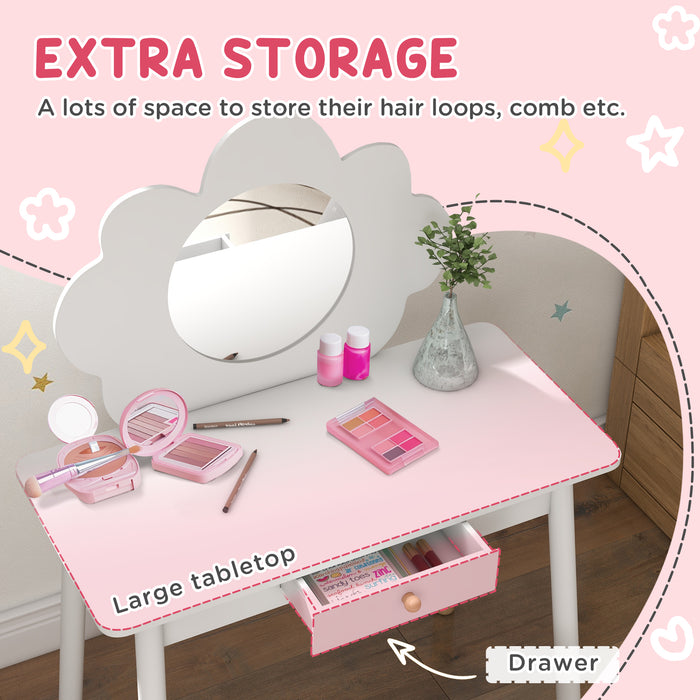 Kids Dressing Table with Mirror and Stool, Drawer, Cloud Design