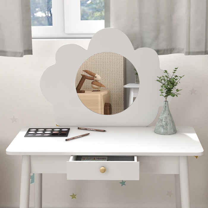 Kids Dressing Table with Mirror and Stool, Drawer, Cloud Design