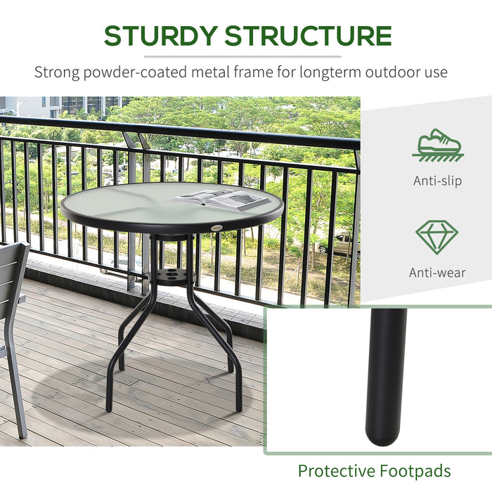 Garden Table Outdoor Round Dining Coffee Table with Parasol Hole, Tempered Glass Top Side Table - 80cm Diameter