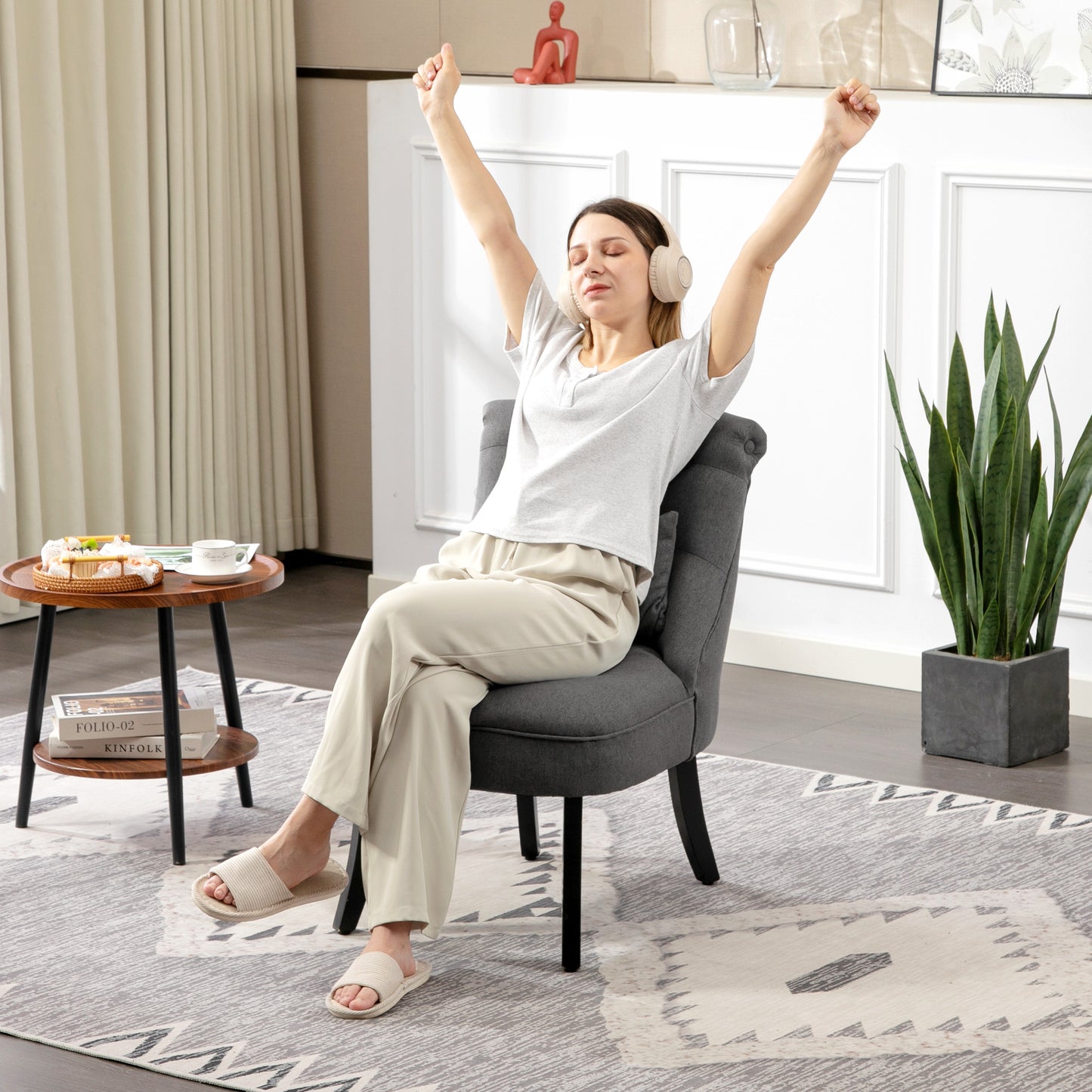 Fabric Single Sofa Upholstered with Pillow Wood Leg Charcoal Grey