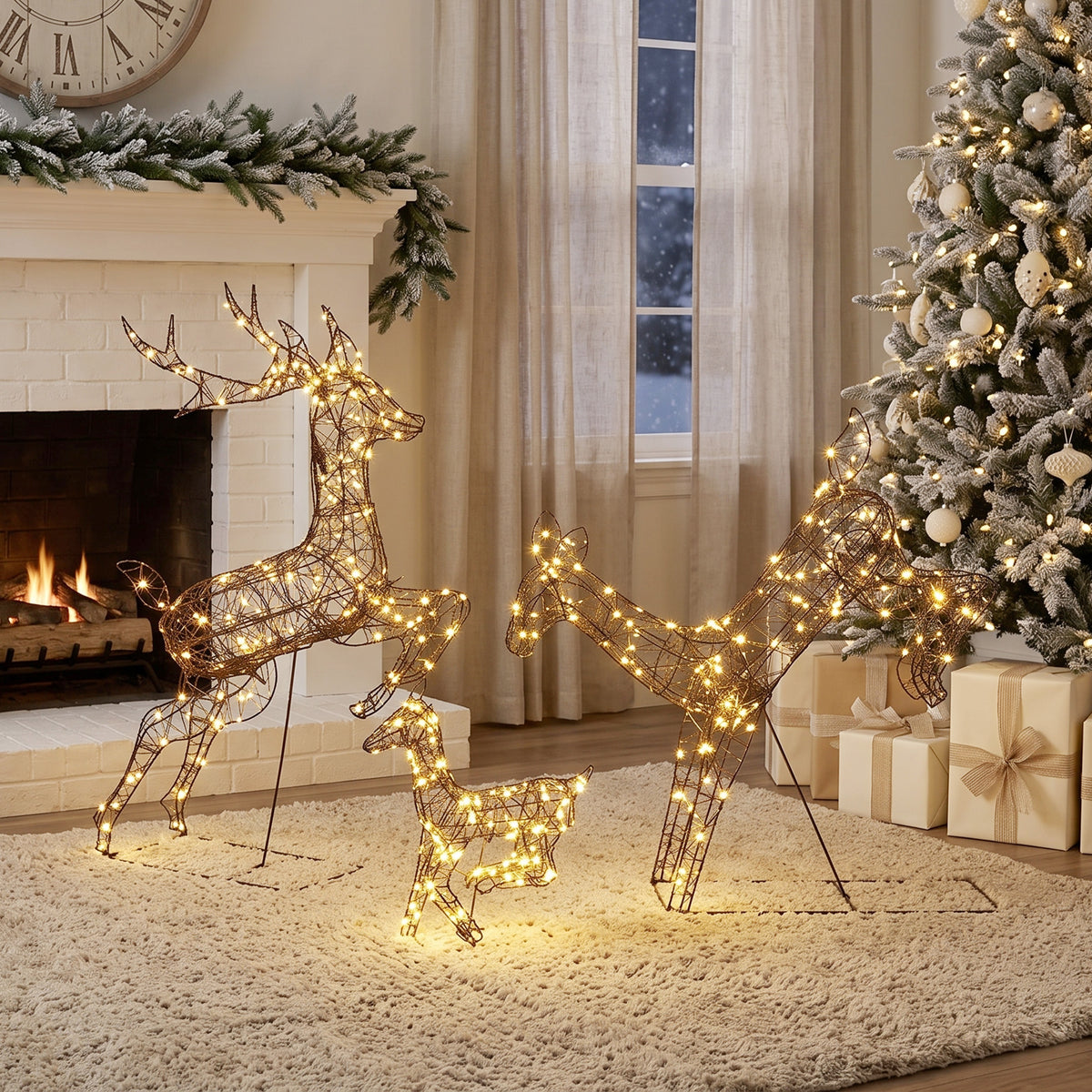 3-Piece Light Up Deer Family Set of 3 with 200 LED Lights, Brown