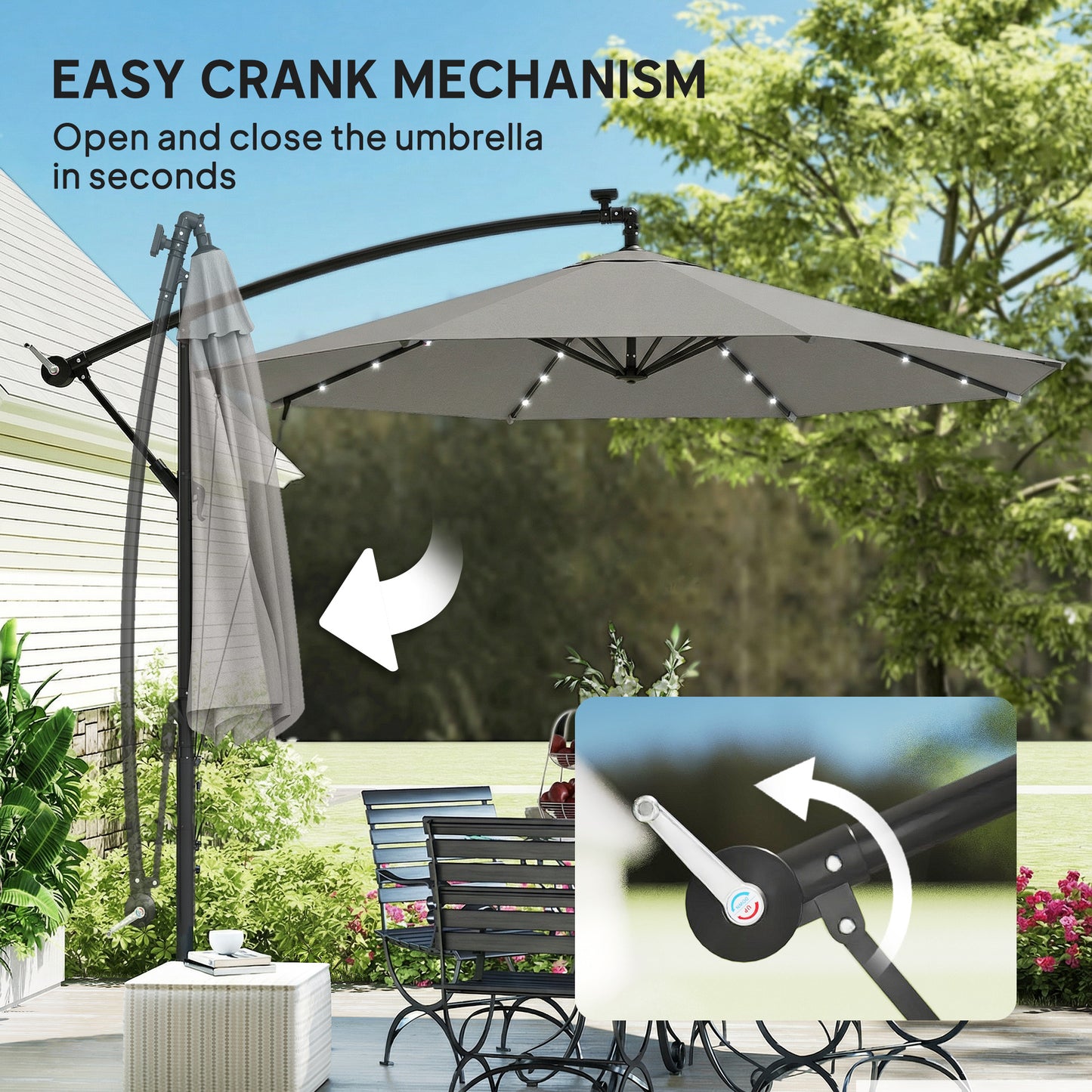 3 m Cantilever Parasol Solar LED Lights, Light Grey