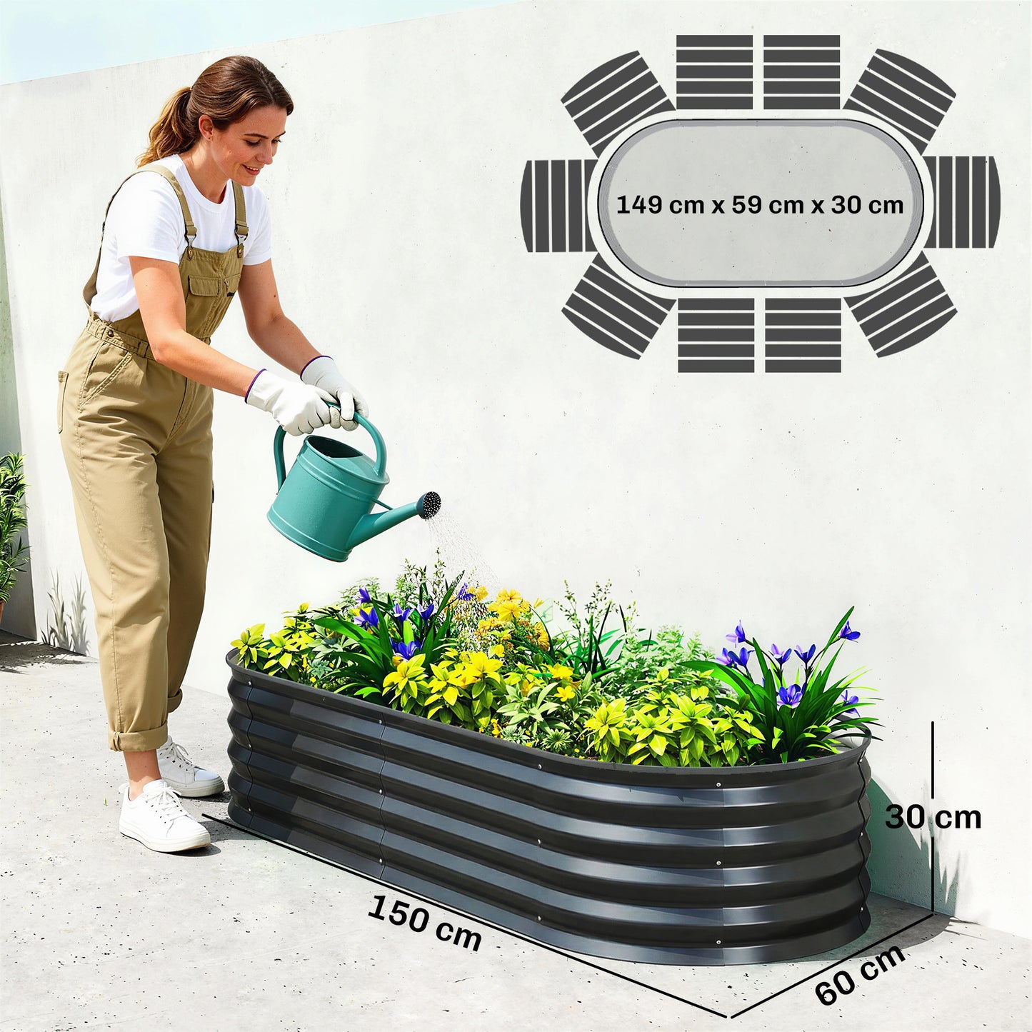 Set of 2 Raised Beds for Garden with Metal Plant Stakes, Dark Grey