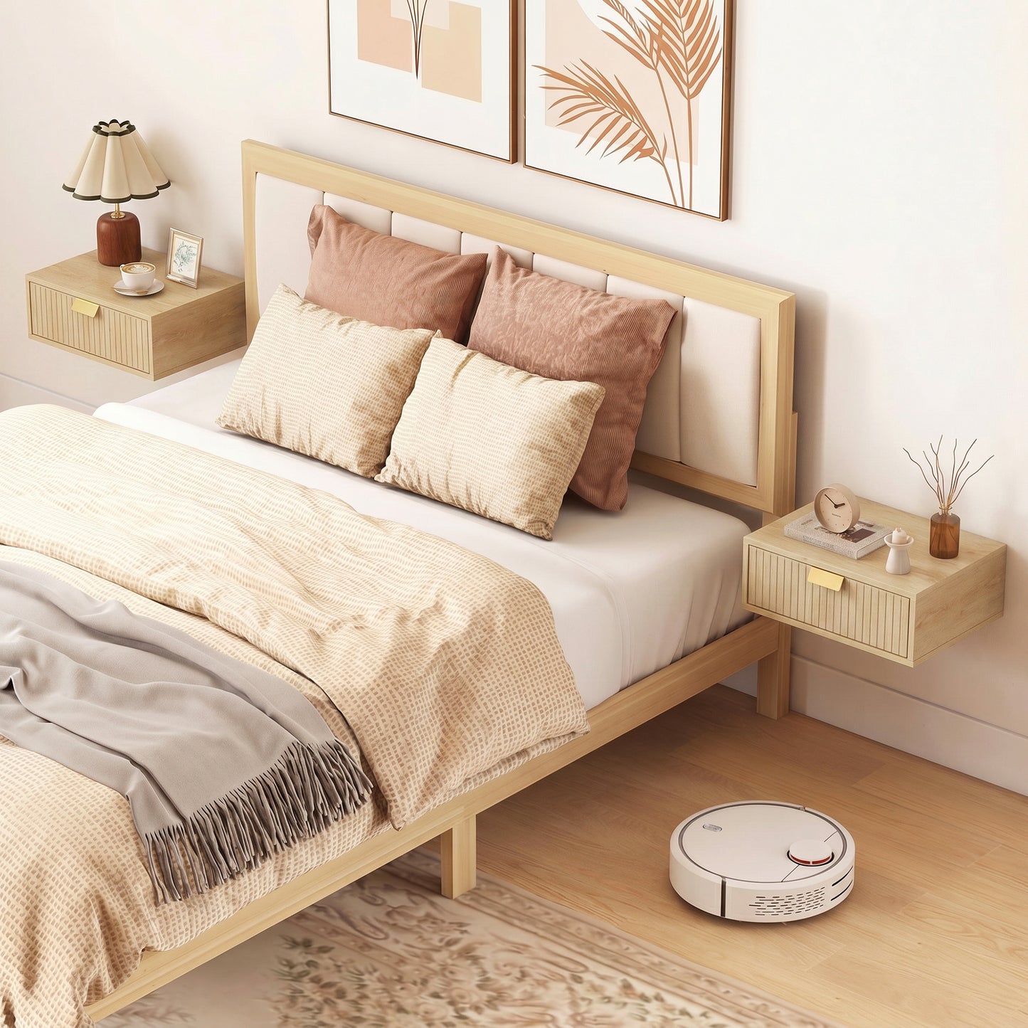 Modern Floating Nightstands Set of 2, Wall Mounted Bedside Tables with Wave Drawer for Bedroom and Living Room, 40W x 30D x 15H cm, Oak