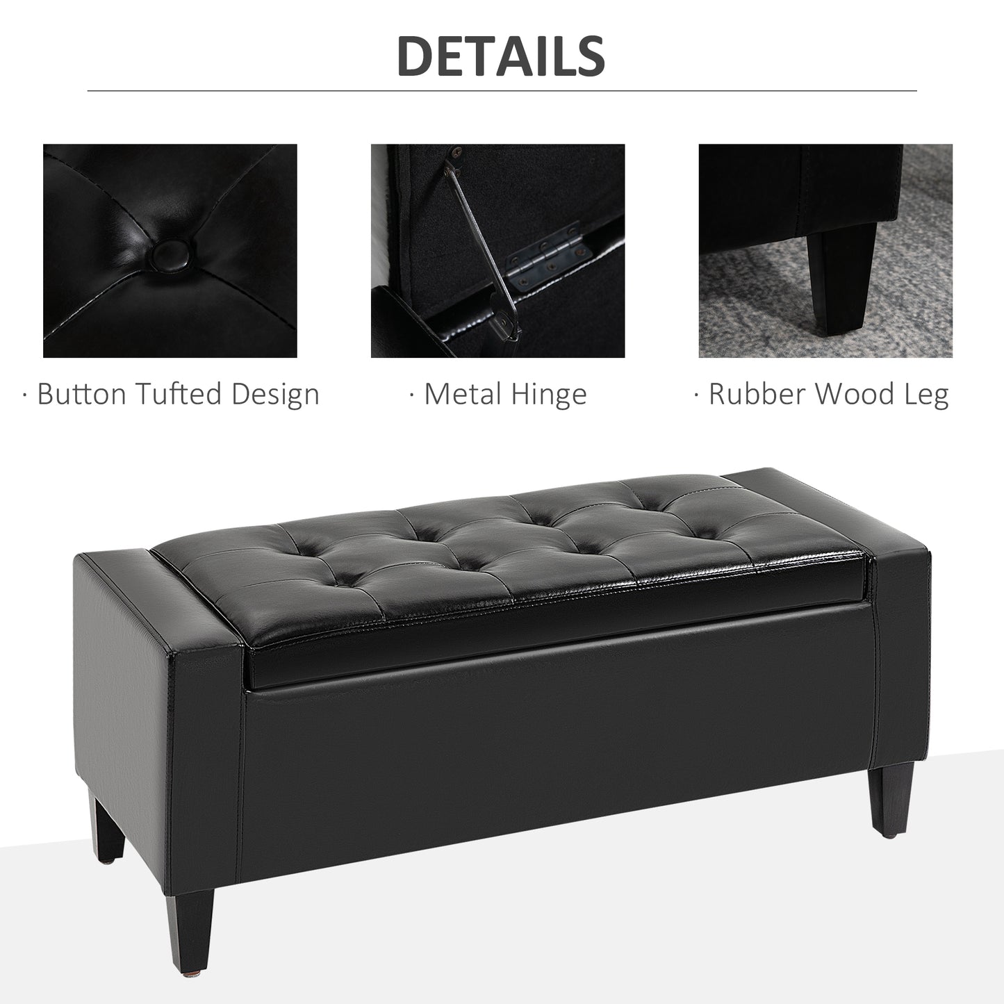 40x90cm PU Leather Storage Ottoman Bench Wood Frame w/ Tufting Feet Black