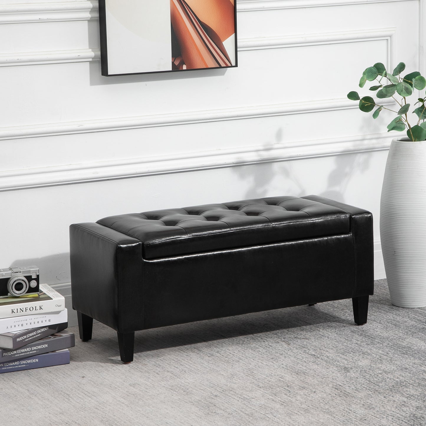 40x90cm PU Leather Storage Ottoman Bench Wood Frame w/ Tufting Feet Black