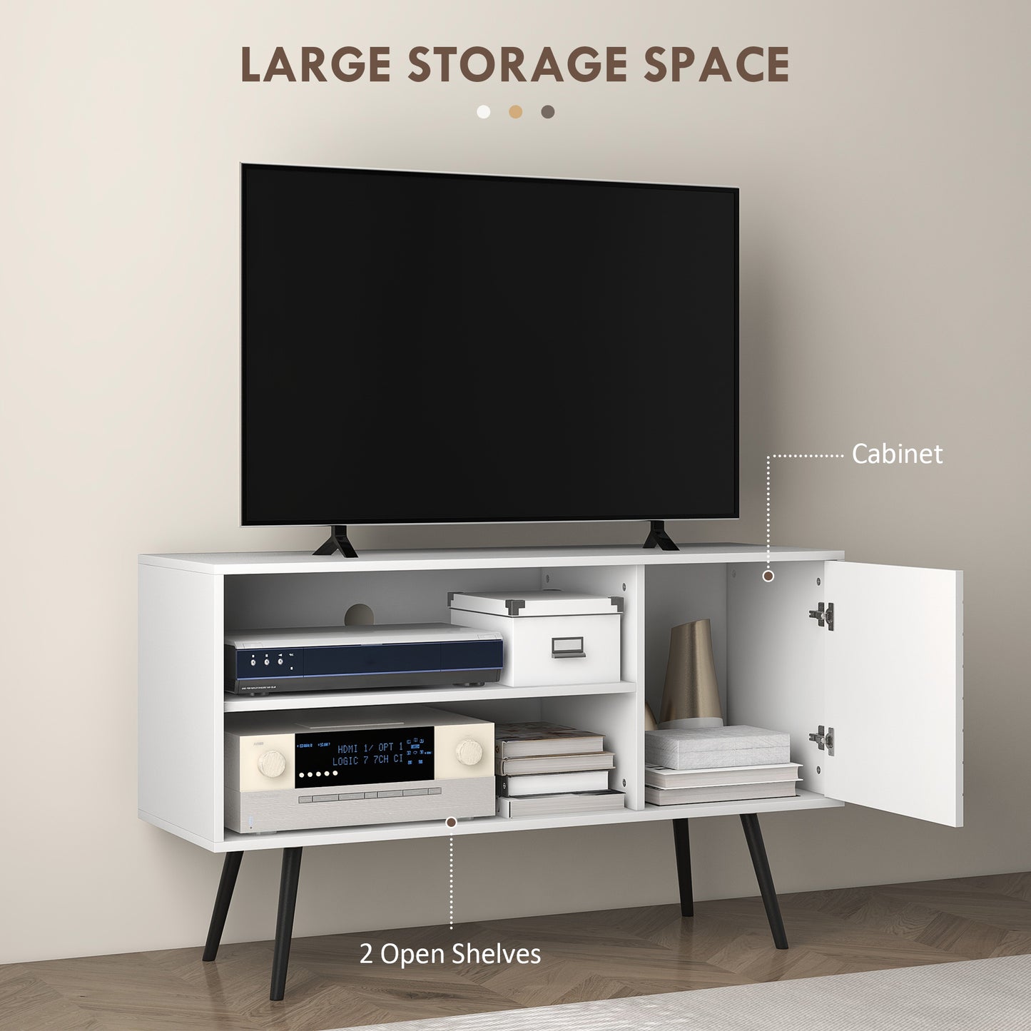 TV Unit for 50" TVs with 2 Open Shelves, Door and 2 Cable Holes, White