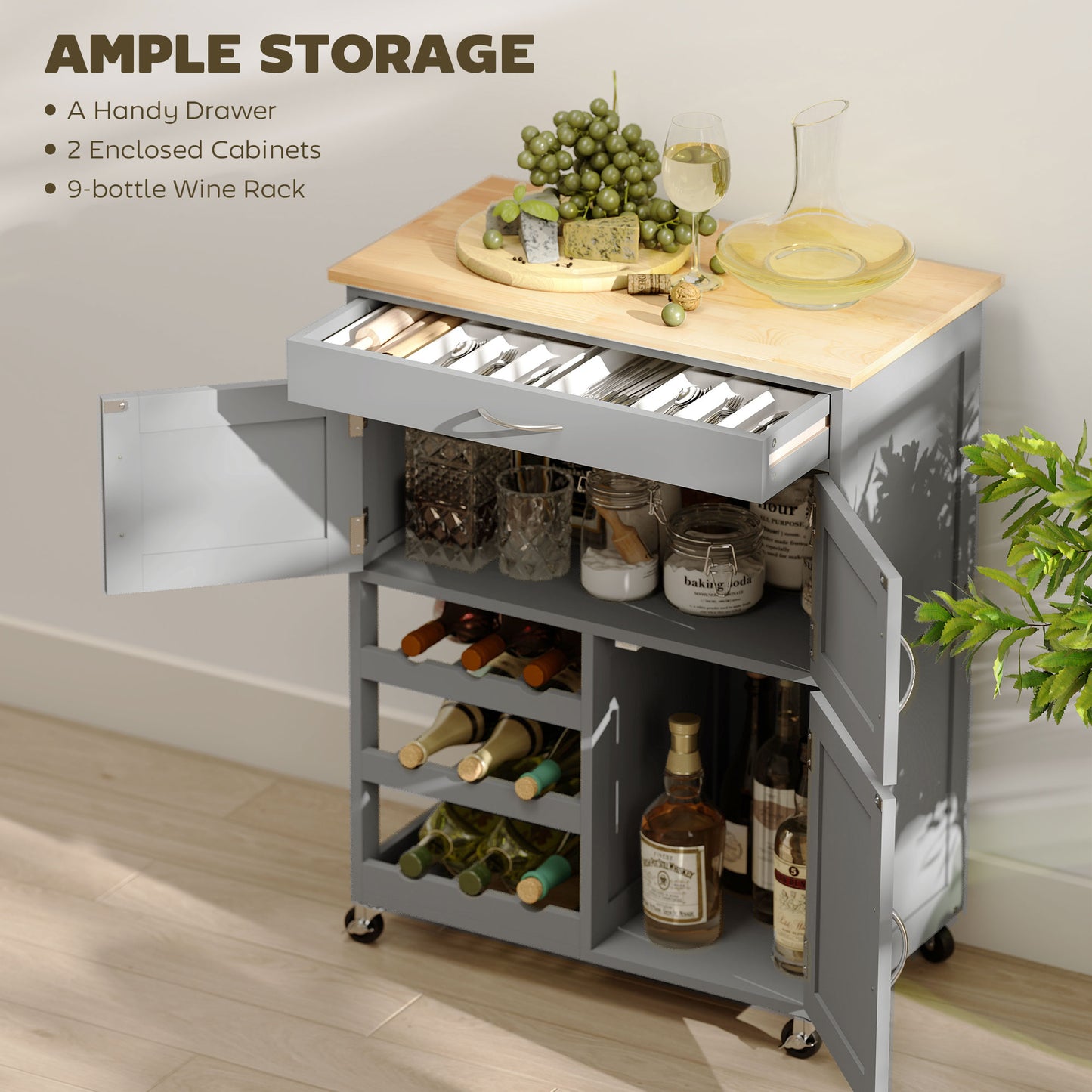 Rolling Kitchen Island Trolley Storage Cart w/ Rubberwood Top, Grey