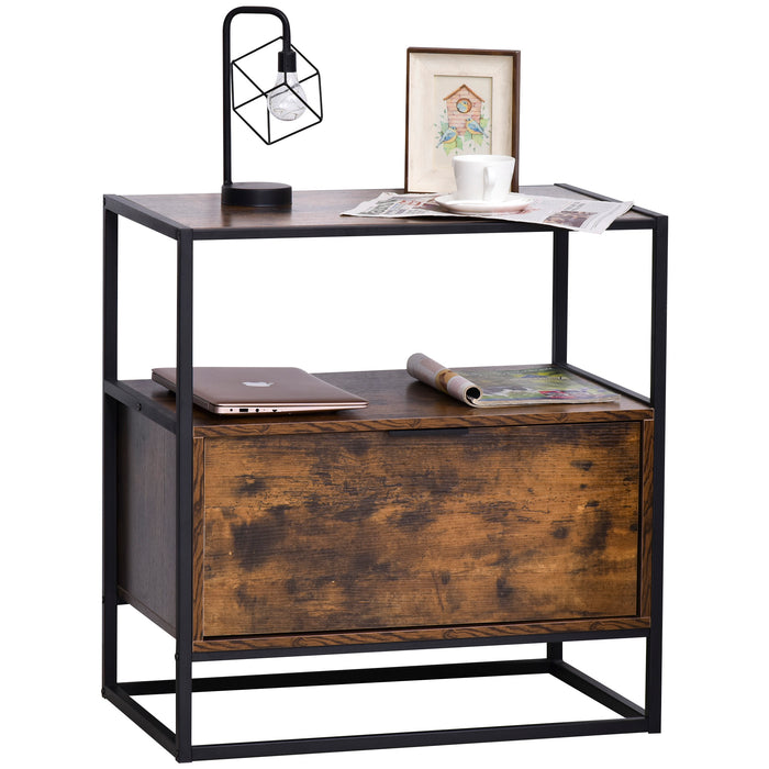 Industrial-Style Side Table w/ Drawer Open Shelf Steel Frame Large Base Two-Tone Retro Stylish Home Furniture Bedroom Living Room