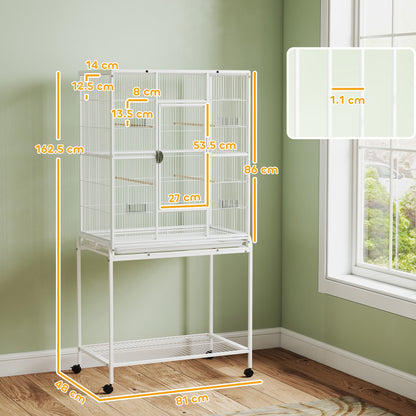 Bird Cage with Detachable Wheeled Stand, Shelf and Wooden Perches - White