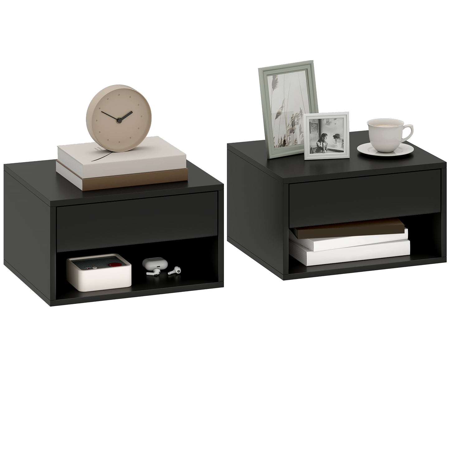 Floating Nightstands Set of 2, Bedside Table w/ Drawer and Open Shelf