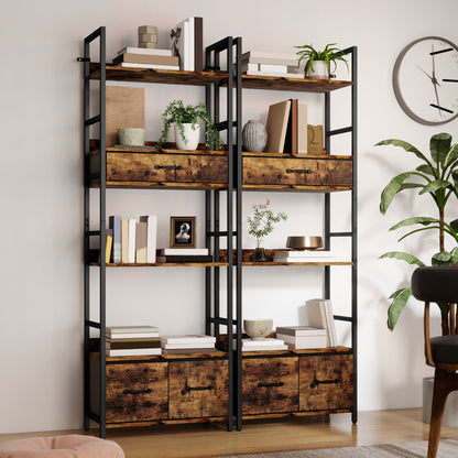 Industrial Bookshelf with 4 Shelves and 3 Fabric Drawers Rustic Brown
